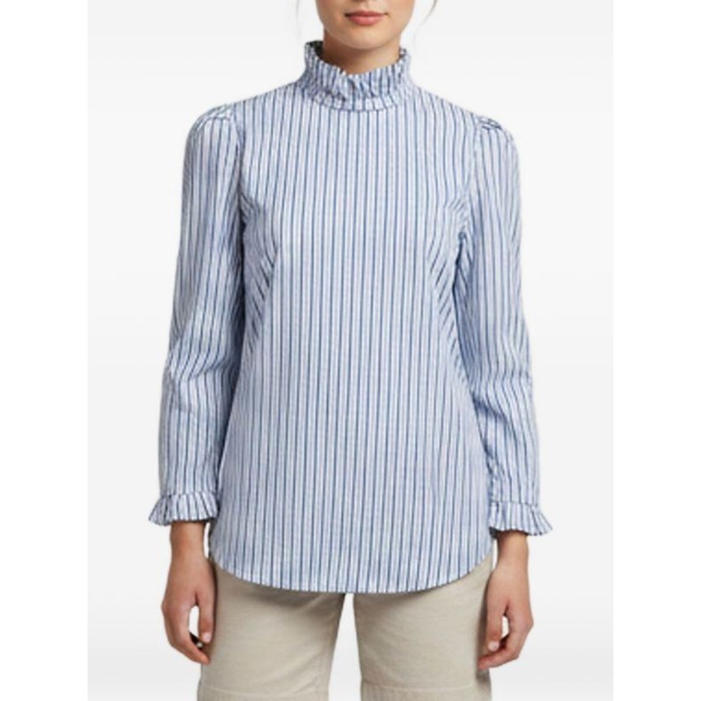 Sandro Paris Blue White Striped Ruffle Trim High Neck Blouse Size 1 / Small